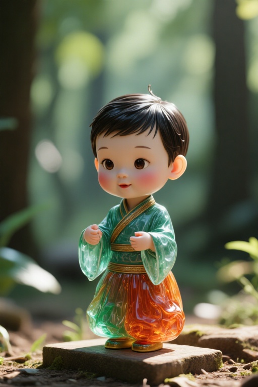 wwliuli,(Ancient colored glaze:1.2),handicraft,with a glass luster,a cute little girl's body is **** of ancient technique liuli,in the forest.,