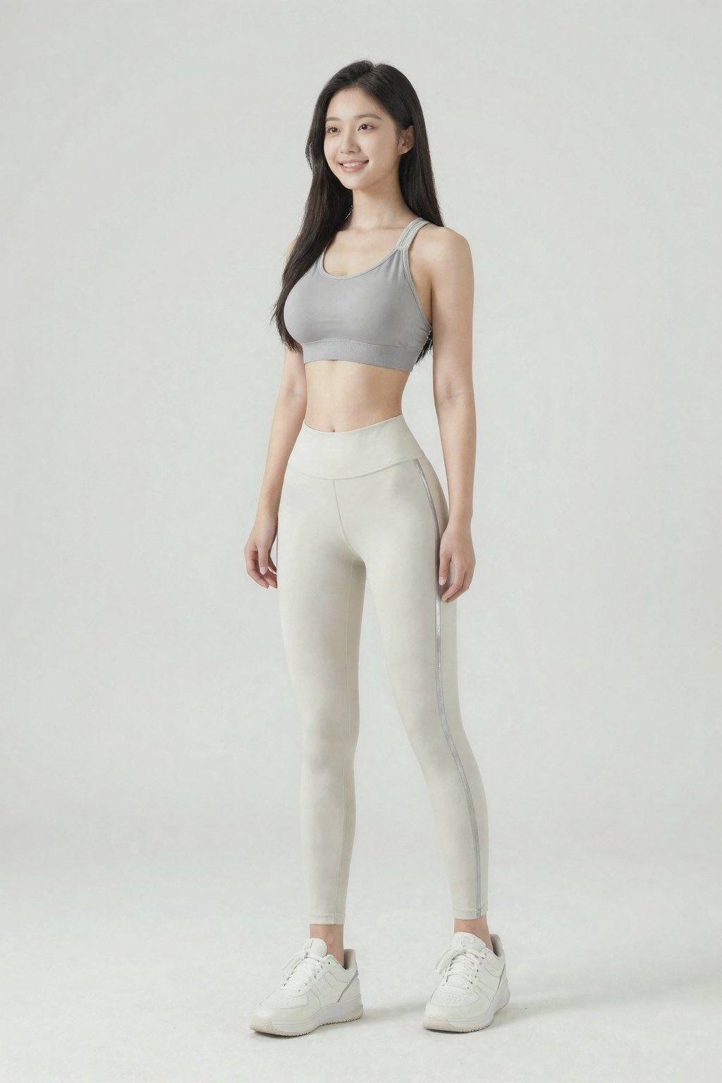 <lora:20260207_TinZITGirlLoraB:1>, 创建一张15岁年轻女性站在极简主义风格的摄影棚内，背景为白色。她留着一头乌黑的长直发，脸带微笑，身穿灰色紧身运动文胸和浅色高腰紧身裤，裤子侧边饰有一条时尚的银色条纹。她的姿势动感而放松，展现出健美的体态。她脚上的白色运动鞋简洁时尚，与整体运动造型相得益彰。整幅画面应强调运动感和时尚感，柔和的光线营造出轻柔的阴影，凸显她的身材曲线。