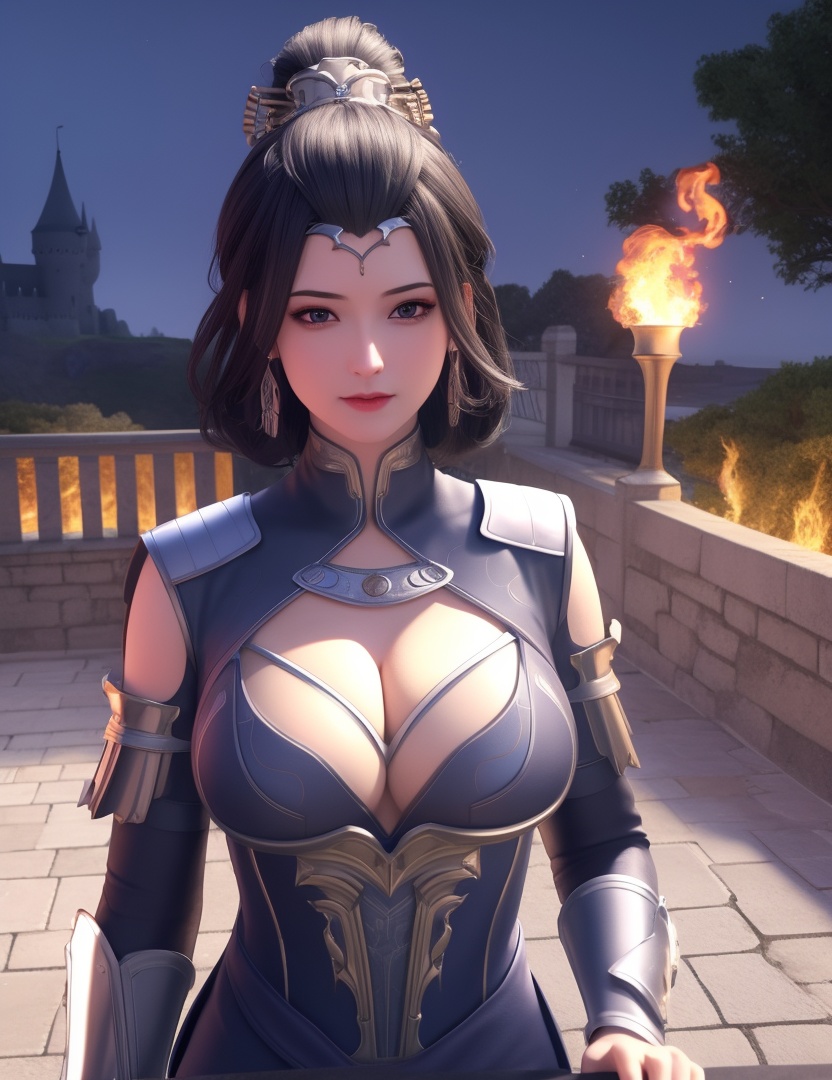 <lora:529-DA-诛仙-幽姨:0.8>(,1girl, ,best quality, ),looking at viewer,ultra detailed background,ultra detailed background,ultra realistic 8k cg, ,masterpiece, (( , )),     ,castle,     pyrokinesis,  (cleavage), (),