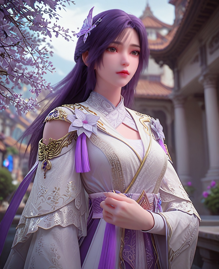 (oriental architecture, elegant decor, sophisticated style:1.1),thoughtful pose,(breasts:1.2),<lora:XL完美世界云曦易容>,miss moxi,solo,white dress,sash,purple fart curtain,shawl,clothing cutout,long sleeves,shoulder cutout,brown eyes,purple hair,long hair,butterfly hair ornament,flower ornament,tassel,lips,jewelry,, zPDXL2, score_9, score_8_up, score_7_up BREAK realistic, masterpiece,best quality, highly detailed,, zPDXL3, zPDXL2,zPDXL, zPDXLxxx, zPDXLrl,