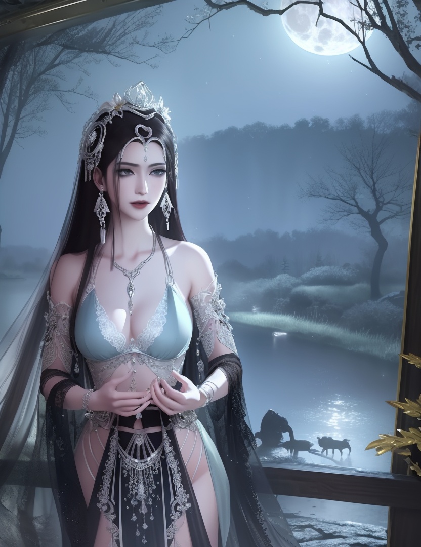 ultra realistic 8k cg, picture-perfect face, flawless, clean, masterpiece, professional artwork, famous artwork, cinematic lighting, cinematic bloom, perfect face, beautiful face, fantasy, dreamlike, unreal, science fiction , beautiful clothes, lace, lace trim, lace-trimmed legwear,  (rich:1.4), prestige, luxury, jewelry, diamond, gold, pearl, gem, sapphire, ruby, emerald, intricate detail, delicate pattern, charming, alluring, seductive, erotic, enchanting, hair ornament, necklace, earrings, bracelet, armlet,halo((,1girl, pov,))  (((1girl, solo,,, large breasts,  night,full moon,looking_at_viewer , wilted flower, bare tree,  1girl, lamia,  upper body, solo, , body horror, )))    <lora:DA_NSH_XLZH:0.7>