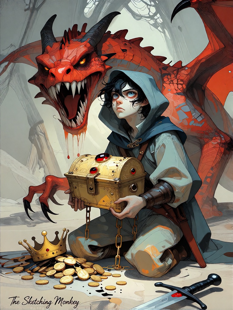Bradhamel art style. A young human adventurer with dark hair and a hooded cloak kneels in a cavernous treasure chamber,  e...