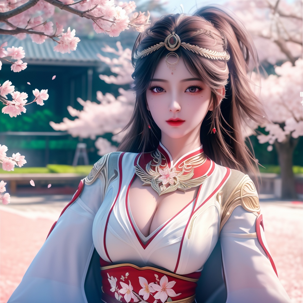 <lora:770-DA-完美世界-火灵儿-婚服:0.8>, (,1girl, ,best quality, ),looking at viewer,  ultra detailed background,ultra realistic 8k cg,ultra detailed 8k cg,masterpiece,upper body,  (( , )),, ,science fiction,mole, ultra realistic 8k cg, ,    ,outdoors, sun,sunlight, cherry blossoms,      (cleavage),,  (),