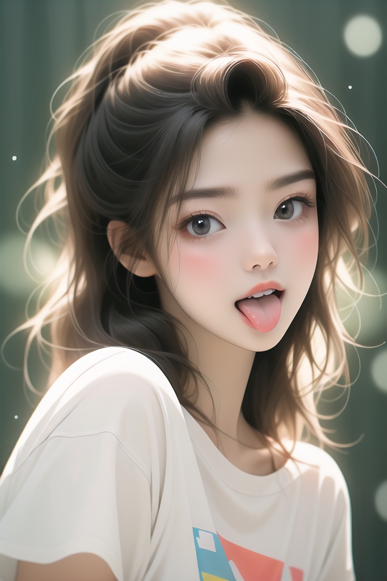 naughty,<lora:俏皮吐舌头:1.1>,tongue out,1girl,((beauty face:0.8)),whole body,t-shirt,