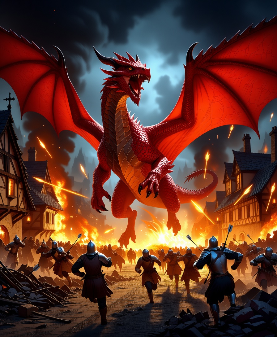 A massive red scaly dragon with powerful wings rampages through a burning fantasy village at night. The quadrupedal beast...