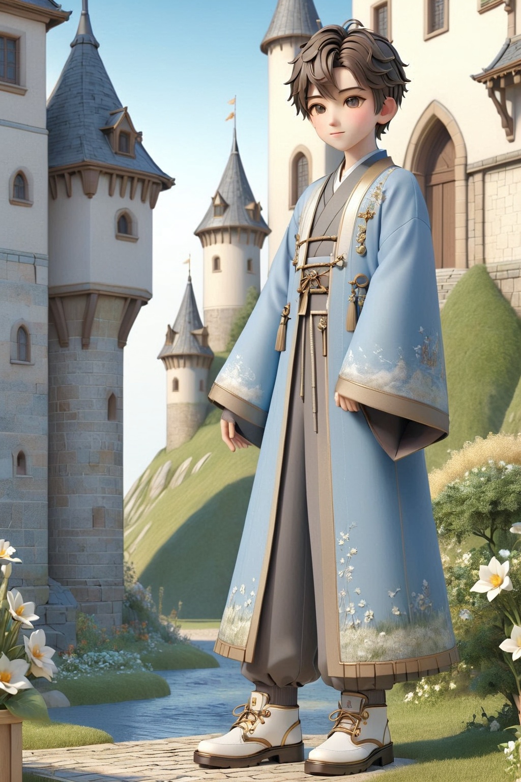 1boy,(full body:1.2),in front of a castle,detailed,<lora:20240610-1718004651674:0.9>,3dct,
