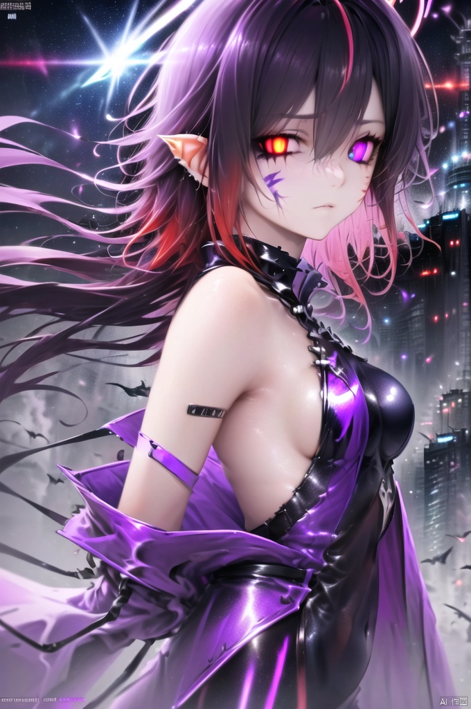 dramatic angle,cool movement,{{master piece}},best quality,illustration,1 girl,(((large breasts))),beatiful detailed dragon eyes,beatiful detailed colorful cyberpunk city,flat_chest,beatiful detailed purple hair,long hair,beatiful detailed red dragon eyes,mecha red and dark purple  clothes,robot girl,sliver bodysuit,{filigree},((half of red and purple cyberpunk energy sword wings)),colorful background,(red eyes),shine eyes,{lightning effect},expressionless,(((beatiful detailed sliver cyberpunk dark red and purple dragon))),(cold face),((floating)),(paint),((disheveled hair)), (solo),((small_breasts)),bare shoulders, red and purple hair, ((dark red hair)),((streaked hair)), (Gradient color eyes),(((Chinese res eyes))), (((black sclera))),(((high saturation))),((shining)),colorful,(cyberpunk),((upper body)),(dark red cyberpunk Dragon horn),((dark purple cyberpunk Energy Sword)),colored tips,colorful refraction,close_up,contour deepening,drop shadow,lens flare,science_fiction,(ruins),coat,(((back halo))),shine face paint,gradient_hair,gradient_eyes,colorful coat,more swords in the sky,swords,((solo focus))  dramatic angle,cool movement,{{master piece}},best quality,illustration,1 girl,(((large breasts))),beatiful detailed dragon eyes,beatiful detailed colorful cyberpunk city,flat_chest,beatiful detailed purple hair,long hair,beatiful detailed red dragon eyes,mecha red and dark purple  clothes,robot girl,sliver bodysuit,{filigree},((half of red and purple cyberpunk energy sword wings)),colorful background,(red eyes),shine eyes,{lightning effect},expressionless,(((beatiful detailed sliver cyberpunk dark red and purple dragon))),(cold face),((floating)),(paint),((disheveled hair)), (solo),((small_breasts)),bare shoulders, red and purple hair, ((dark red hair)),((streaked hair)), (Gradient color eyes),(((Chinese res eyes))), (((black sclera))),(((high saturation))),((shining)),colorful,(cyberpunk),((upper body)),(dark red cyberpunk Dragon horn),((dark purple cyberpunk Energy Sword)),colored tips,colorful refraction,close_up,contour deepening,drop shadow,lens flare,science_fiction,(ruins),coat,(((back halo))),shine face paint,gradient_hair,gradient_eyes,colorful coat,more swords in the sky,swords,((solo focus)) ,bj_Devil_angel,bj_Devil angel, , , , <lora:EMS-361831-EMS:0.400000>, <lora:EMS-309992-EMS:0.300000>, <lora:EMS-302518-EMS:0.700000>