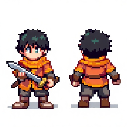 XSJS,XSJS,pixel art,an adventurer,a boy,holding a sword,wearing orange clothes,black hair,front view,back view,two views,