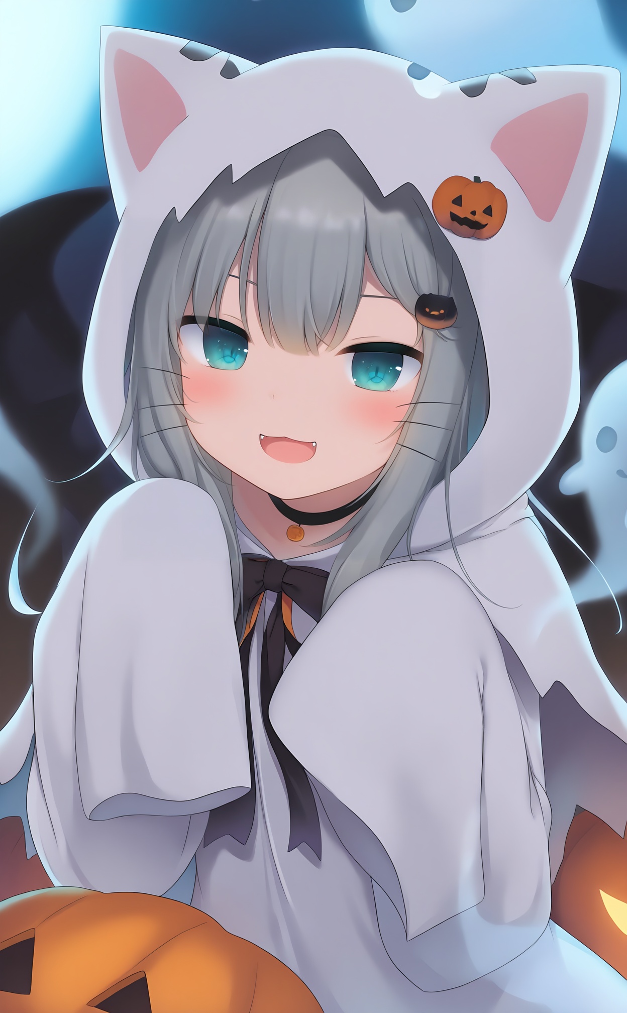 masterpiece,absurdres,best quality,loli,petite,high quality,//,1girl,grey_hair,halloween,ghost_costume,long_hair,virtual_youtuber,solo,halloween_costume,blue_eyes,choker,hood,looking_at_viewer,animal_ears,black_choker,animal_hood,hair_ornament,smile,fangs,cat_ears,bow,robe,open_mouth,upper_body,sleeves_past_fingers,jack-o'-lantern,food-themed_hair_ornament,hood_up,blush,cat,sleeves_past_wrists,cat_hair_ornament,hair_bow,long_sleeves,pumpkin,whiskers,cloak,aqua_eyes,//,//,<lora:gancheng2——【noob】hans:1>,