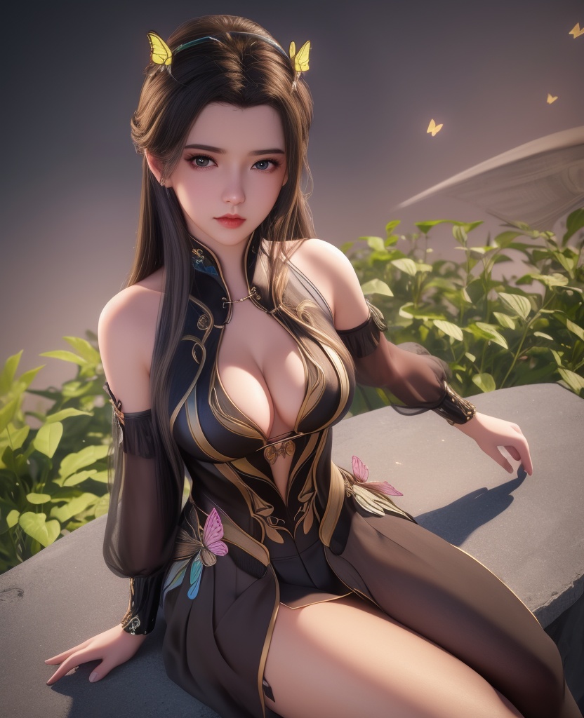 <lora:548-DA-师兄啊师克-碧霄:0.8>(,1girl, ,best quality, ),looking at viewer,  ,ultra detailed background,ultra detailed background,ultra realistic 8k cg, ,masterpiece, (( , )),,  fiction,mole, , ,      ,, 1girl,butterfly sitting,  night, star_\(sky\)(cleavage),