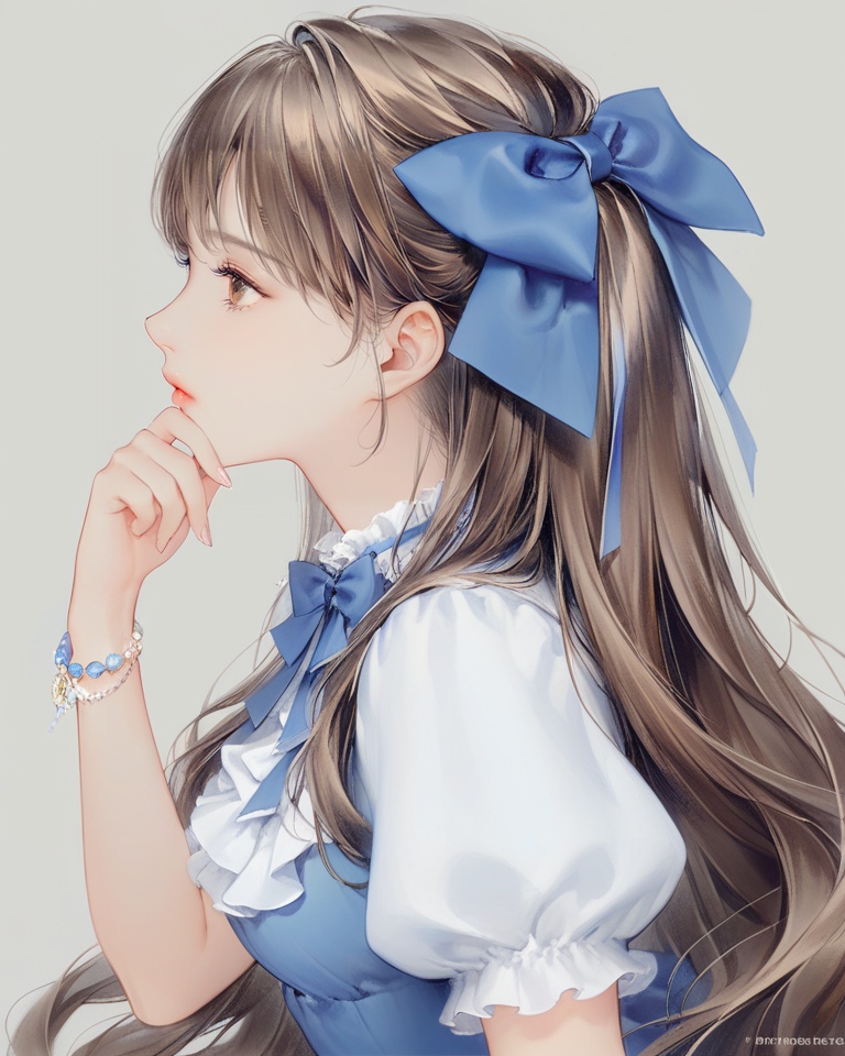 (best quality), ((masterpiece)), (highres), illustration, original, extremely detailed,<lora:DDCXL:0.7>1girl, solo, long hair, brown hair, bow, hair bow, blue bow, jewelry, bracelet, profile, brown eyes, upper body, frills, hand on own chin, grey background