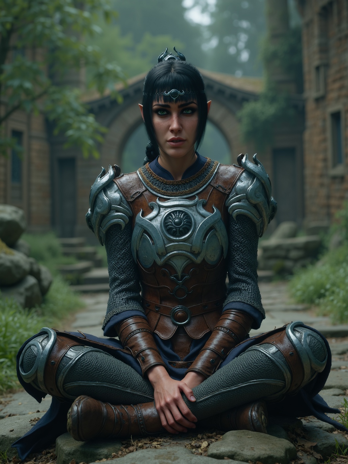 shdwhrt woman,  she gazes directly at the camera. she has a confused yet seductive stare. she is wearing armor and his sit...