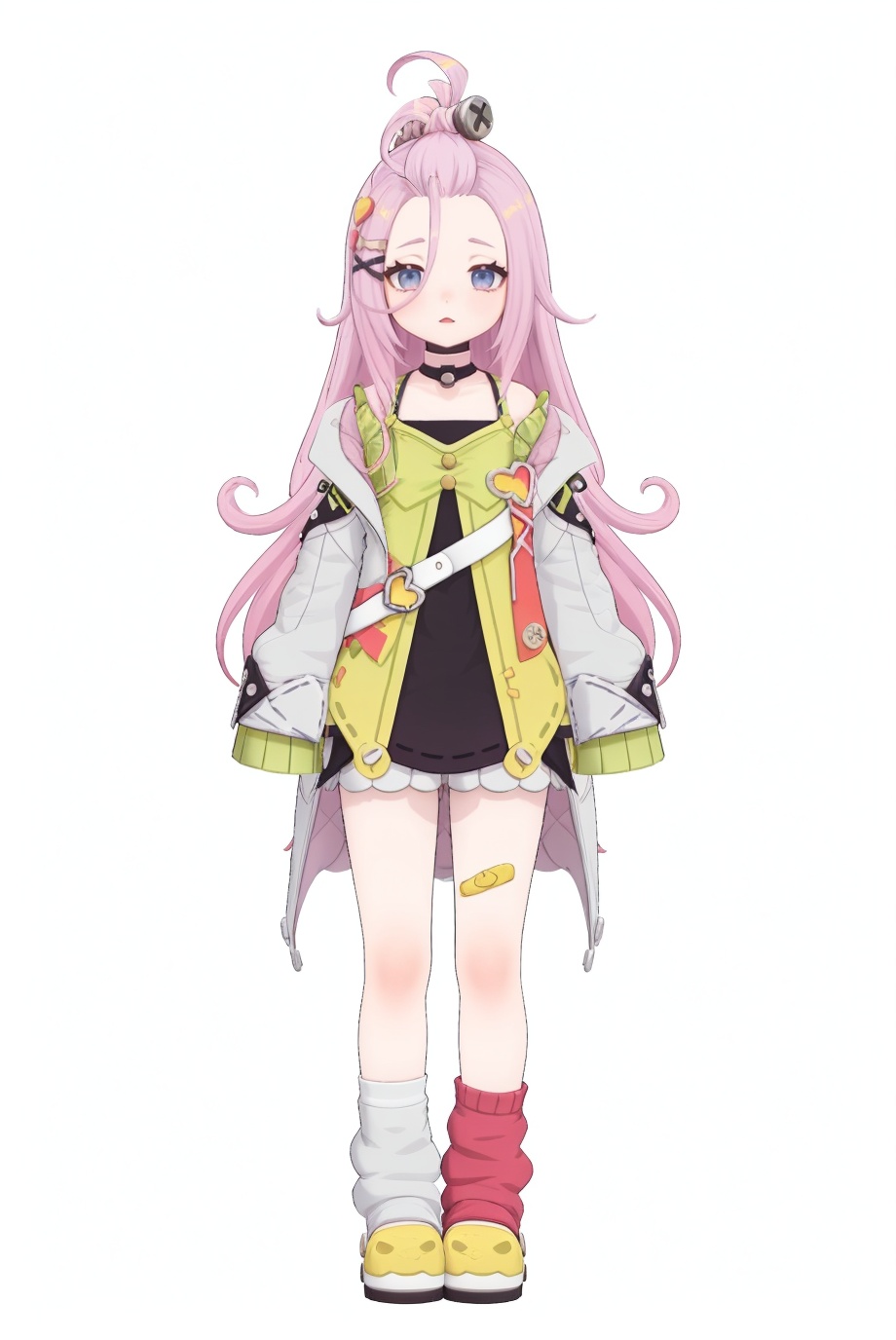 8k,best quality,masterpiece,(ultra-detailed),(high detailed skin),(by nanoless, by misumi \(macaroni\),:0.5),A full-body portrait of a young girl,standing gracefully,pastel art style,high-key lighting,shoujo manga influence,hd quality,delicate details,full body,full shot,standing,looking at viewer,(solo:1.2),simple background,(white background:1.2),<lora:aino-sd-Tanger:0.8>,aino \(Genshin Impact\),clothes: ainodef clothes,ainodef open jacket,ainodef short dress,1girl,long hair,hair ornament,sleeves past wrists,pink hair,sleeves past fingers,blue eyes,bandaid on left leg,ainodef asymmetric Loose socks,pink sock,white sock,fake tail,