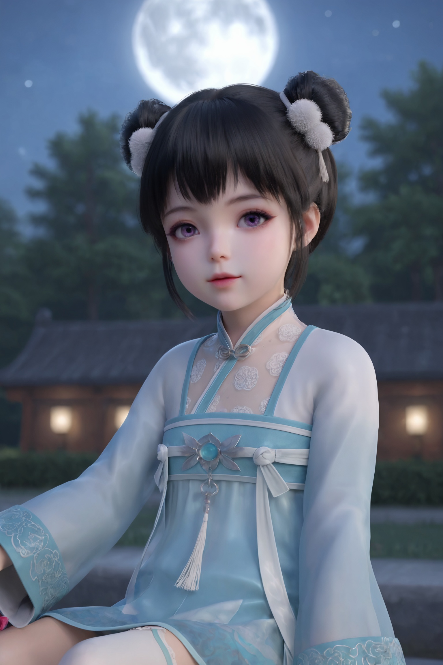 1girl,dark hair,two buns,white pom-poms,purple eyes,traditional East Asian-inspired outfit,light blue,long-sleeved dress with intricate lace patterns,high collar,knee-high white socks,white shoes,1girl,solo,shiny,shiny_hair,upper_body,looking at viewer,cinematic lighting,volumetric lighting,solo focus,blurry background,depth of field,night,sky,night sky,full moon,moonlight,<lora:仙武传-若曦06:0.7>,