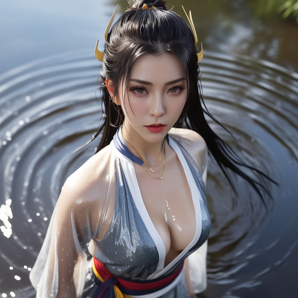 <lora:648-DA-XL-遮天-狠人大帝:0.8>(,1girl, ,best quality, ),looking at viewer,  ,(Highest picture quality), (Master's work), full body, (ultra-detailed), the portrait is centered, 1girl, raiden shogun, nsfw, (wet clothes), blush, bare hips, (sheer shirt), (from above:1.7), (translucent dress), water drop, (rain), (outdoors), stained, wet hair, wet dress, wet, scenery, (long hair), nature background, close up, ((on back)), water,masterpiece, best quality, ultra high res, highly detailed, (abstract expressionism art:1.4), [girl | fire ghost:10], love,, dark rainbow theme, colorful, visually stunning, beautiful, gorgeous, emotional, intricate, perferct shading, rainbow hair,upper body,(cleavage),