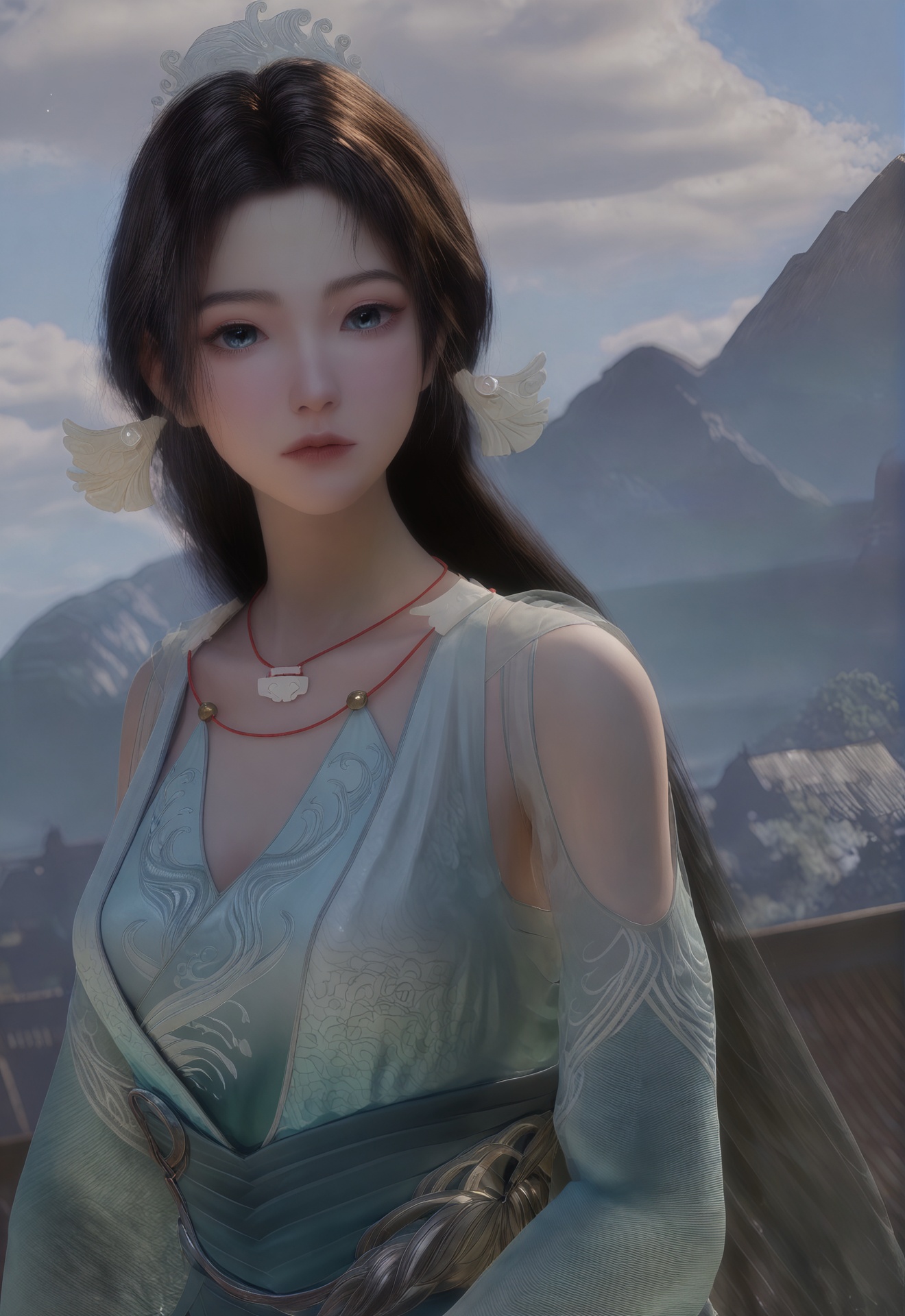 score_9,1girl,solo,jewelry,long hair,mountain,sky,necklace,dress,hair ornament,cloud,upper body,blue dress,brown hair,blue sky,clothing cutout,expressionless,outdoors,sash,closed mouth,<lora:宋玉:1>,