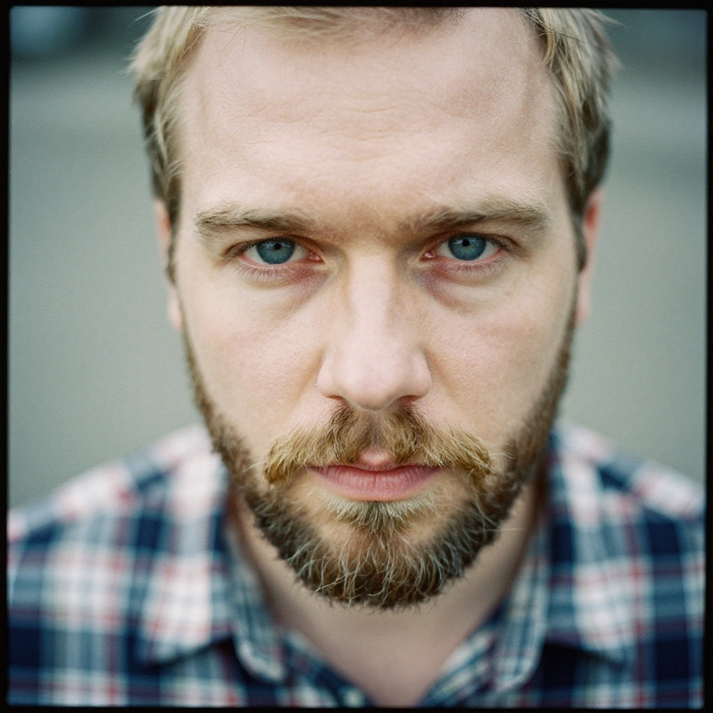 analog film photo of cinematic style,  Kodak Portra 400 analog film stocks of a man with a beard and a plaid shirt,  detai...
