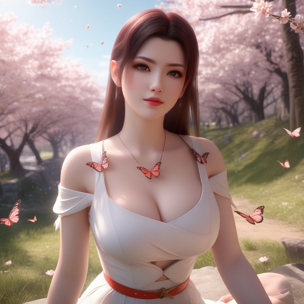 <lora:850-DA-XL-斗破苍穹-美杜莎-红色睡衣:0.8>, (,1girl, ,best quality, ),,  ultra realistic 8k cg,ultra detailed 8k cg,masterpiece,upper body,  (( , )),, ,science fiction,mole, ,    ,outdoors, sun,sunlight, cherry blossoms,      (cleavage),,  (), butterfly,(sit),