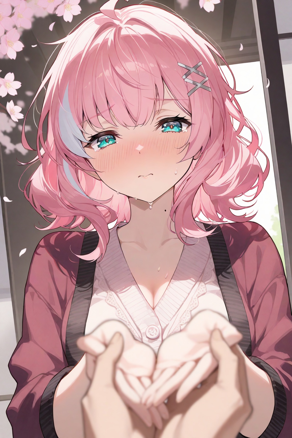 crisp,gwwj,Mika Pikazo,ezu,melting,Tender,masterpiece,Nai3 style,best quality,very aesthetic,1girl,extremely delicate and beautiful,Noise and grain,huge filesize,amazing quality,foreshortening,depth of field,stylish_pose,streaked hair,updo,cherry_blossom_print,air bangs,micro_shorts,nightcap,1girl,pink hair,ahoge,medium hair,messy hair,curly hair,half-closed_eyes,nose_blush,mole_on_neck,aqua eyes,mature_female,foreshortening,upper_body,dynamic_angle,posing,cardigan,x_hair_ornament,shy,flustered,holding_hands,