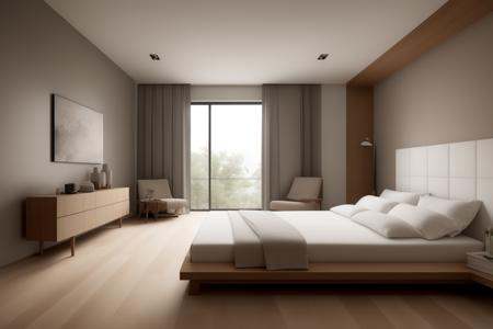 ((best quality)), ((masterpiece)), ((realistic)), Create a modern minimalist-style bedroom with wooden flooring. The scene depicts a static interior design of a bedroom. The room features clean lines, minimal furniture, and a serene ambiance. The color scheme should consist of neutral tones and earthy colors, creating a warm and inviting atmosphere. Natural lighting gently illuminates the space, adding a soft and calming effect. The wooden flooring should be rendered with high attention to detail, capturing the texture and grain of the wood. The overall design should embody simplicity and elegance. The composition should be well-balanced, with furniture and decor carefully placed to create a harmonious and uncluttered look. The viewer should feel a sense of tranquility and serenity when looking at the scene. The rendering should be of the highest quality, showcasing the realistic details of the materials and textures. It should be a visual masterpiece, capturing the essence of modern minimalist design.