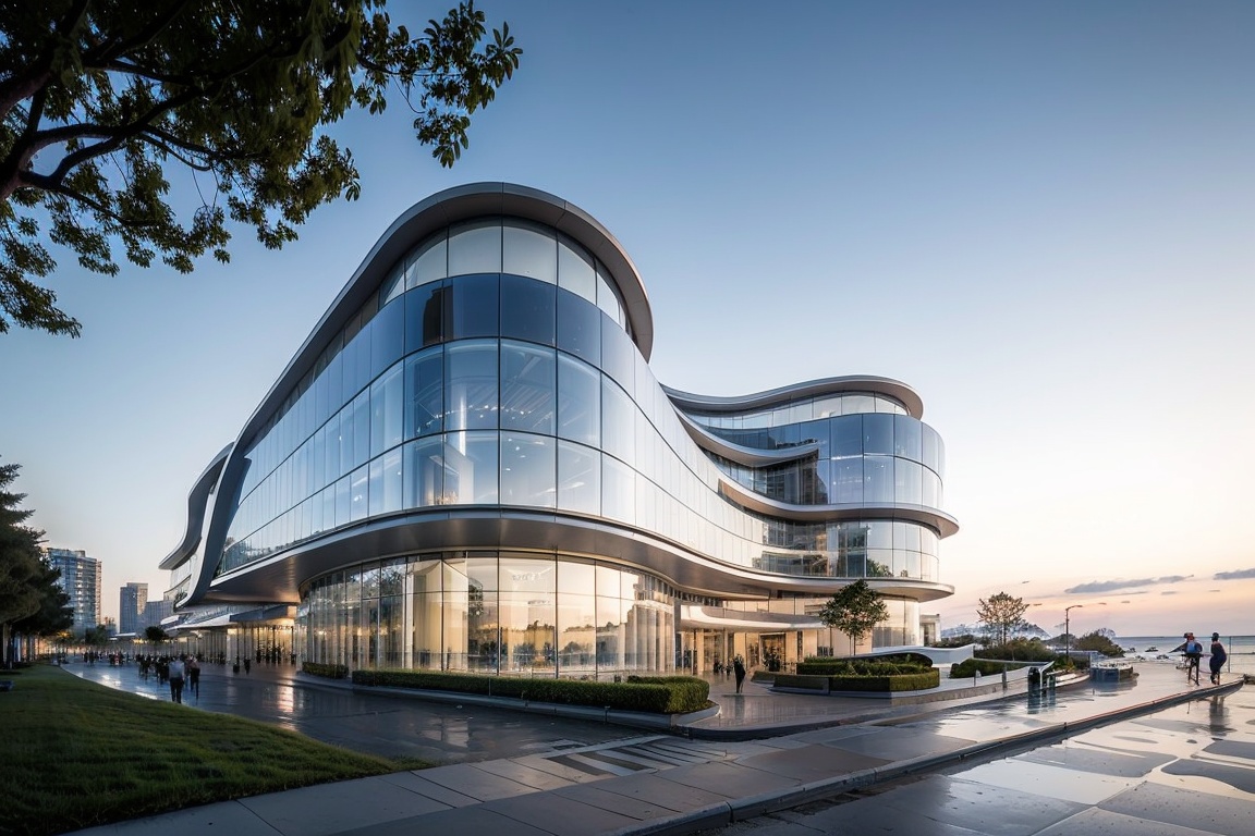this is an offshore building,(curved architecture:1.2),(gradient texture:1.1),white concrete,ocean,(the shimmering sea surface:1.2),(sea_spray:1.2),dusk,Transparent glass,water,reflection,tree,