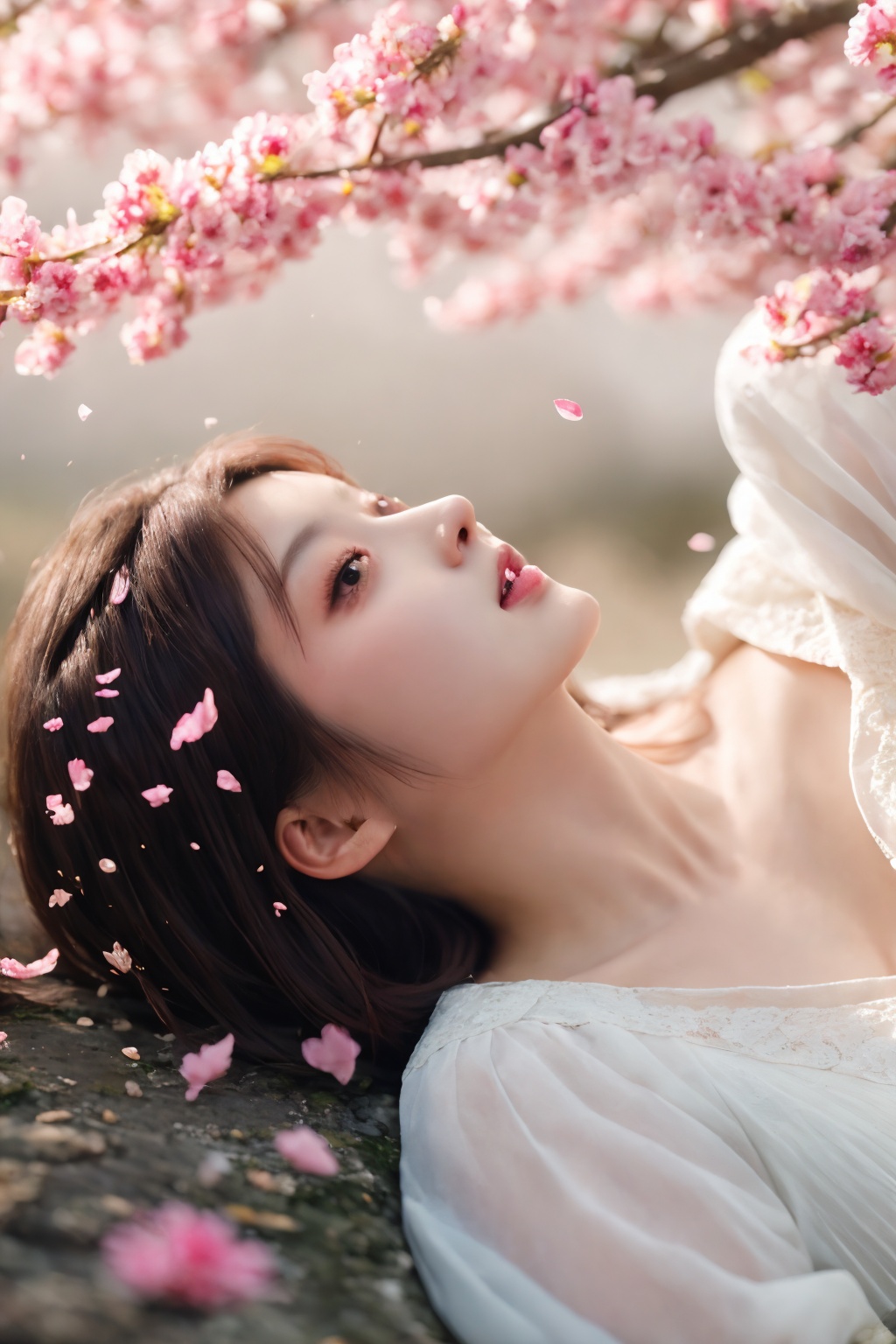 best quality,masterpiece,ultra high res,1girl,<lora:kong_落花飞舞:0.6>,falling petals,<lora:kong_细节优化_detail:-0.8>,brown short hair,sunlight shining through cracks,
