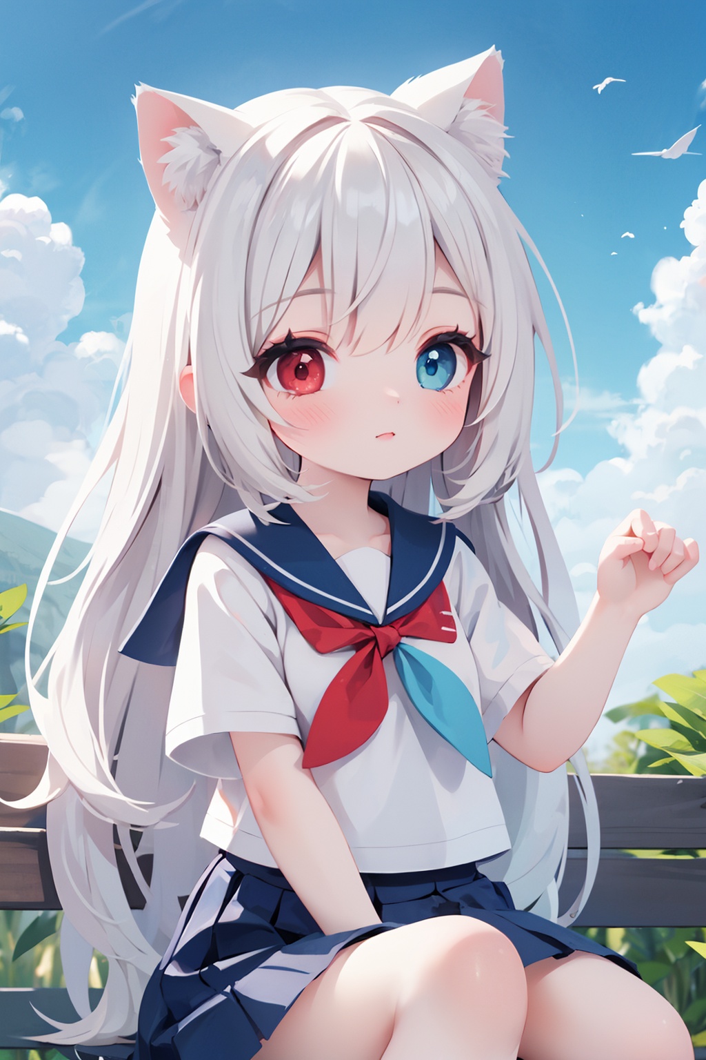 1girl,(heterochromia:1.4),(red eyes:1.4),(blue eyes:1.4),very long hair,cat ears clouds,blue sailor collar,blue skirt,blue sky,blush,red bow,closed mouth,cloud,cloudy sky,condensation trail,day,