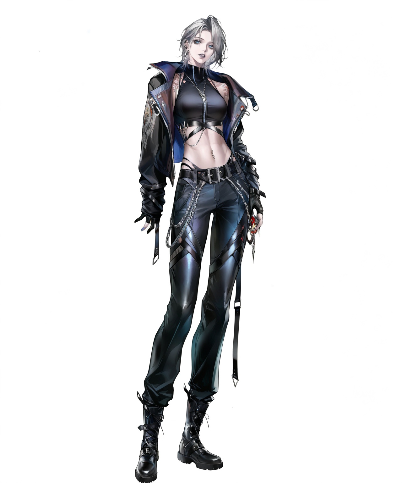 masterpiece,best quality,<lora:wqmt-gnoob-Tanger:1>,Path to Nowhere  \(video game\),game CG,1girl, solo, white background, jewelry, pants, simple background, jacket, navel, full body, gloves, black pants, midriff, black footwear, looking at viewer, piercing, earrings, black gloves, necklace, boots, short hair, black jacket, grey hair, blue eyes, crop top, belt, breasts, navel piercing, parted lips, zipper, tattoo, standing, fingerless gloves, black shirt, ear piercing, holding, chain, leather