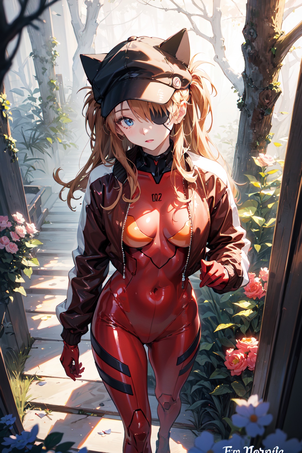<lora:Asuka-000018:0.8>,Asuka CYQL,1girl,looking at viewer,solo,long hair,blue eyes,interface headset,brown hair,orange hair,hair between eyes,two side up,medium breasts,(plugsuit,eyepatch,hat,jacket,animal hat,bodysuit,red jacket,track jacket,cat hat,black headwear,bodysuit under clothes,red bodysuit,hat ornament,long sleeves,zipper,turtleneck),(teardrop:1.2),beautiful face,beautiful eyes,glossy skin,shiny skin,(portrait,from_above,on stomach:1.2),arm support,Bluebells, Misty forest, Ethereal atmosphere, Bluebell haze, Enchanted woodland, Morning mist,Tulips,beautiful detailed sky,beautiful detailed glow,(English text:1.3),(border:1.5),posing in front of a colorful and dynamic background,(masterpiece, best quality, beautiful and aesthetic:1.3),contrapposto,female focus,fine fabric emphasis,wallpaper,fashion,Lipstick,depth of field,intricate_detail,finely_detailed,fine_fabric_emphasis,(glossy),<lora:增强减少细节add_detail:0.3>,