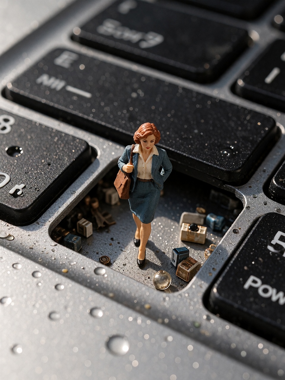 A tiny painted businesswoman figurine standing under the shadow of a full-size laptop keyboard key like an urban monument,...