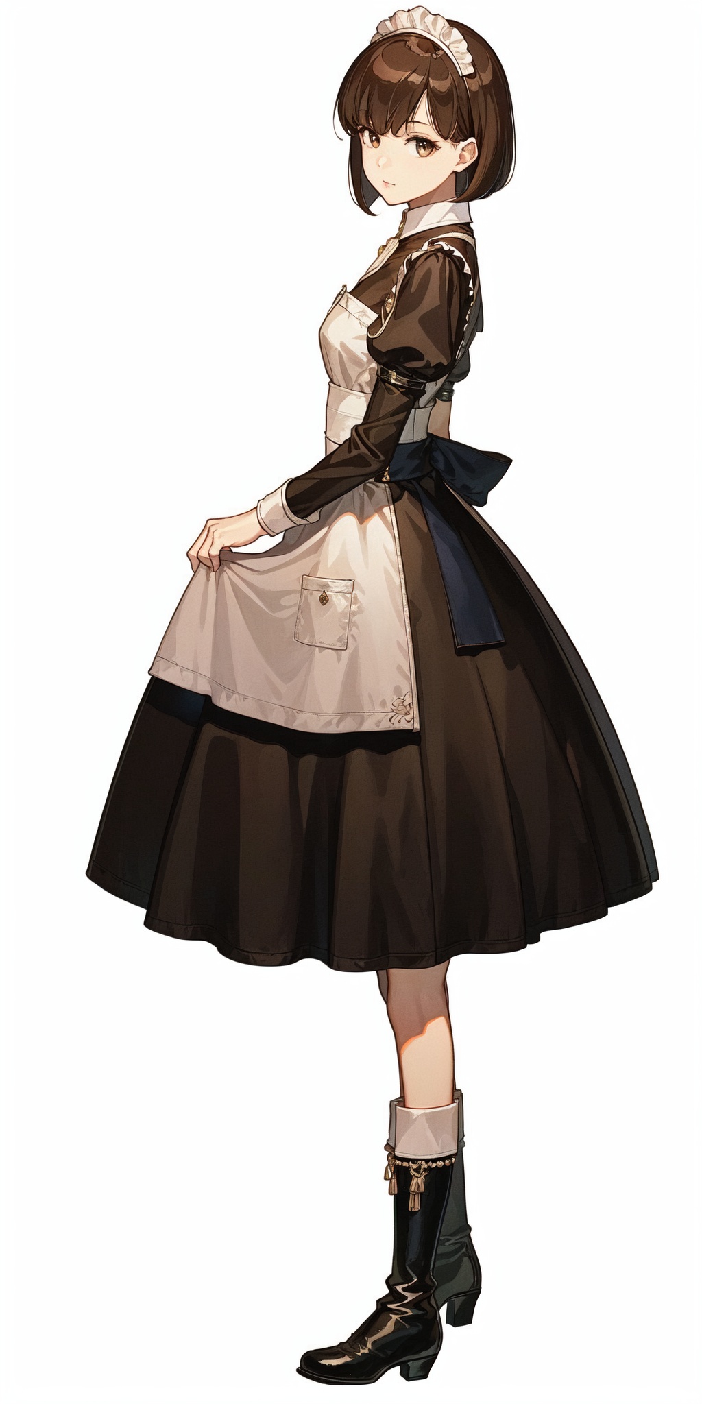 1girl, ,white background, skirt,looking at viewer, boots,simple background,standing, mysterious pattern, brunette, short hair, maid outfit,