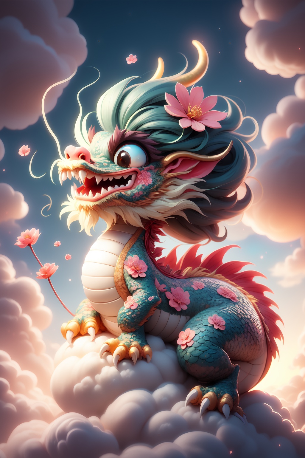 bubble bobble, (golden_scale:1.2), Illustration cartoon cute art style,cute pet,flowers,1girl, dragon, cloud, sky, eastern dragon, black hair, hair ornament, east asian architecture, japanese clothes, long hair, architecture, flower, hair flower, kimono, riding, sitting, glowing, glowing eyes, giant, solo<lora:kim_2024春节限定【龙】:0.7>
