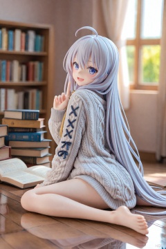 masterpiece,best quality,illustration,ultra detailed,hdr,Depth of field,(colorful),PVC Style,1girl,long hair,elaina (majo no tabitabi),solo,barefoot,ahoge,sweater,sitting,looking at viewer,smile,indoors,wariza,blue eyes,blurry,open mouth,book,grey hair,blurry background,bare legs,long sleeves,reflection,feet,hair between eyes,window,grey sweater,index finger raised,cable knit,aran sweater,:d,toes,legs,artist name,full body,very long hair,soles,