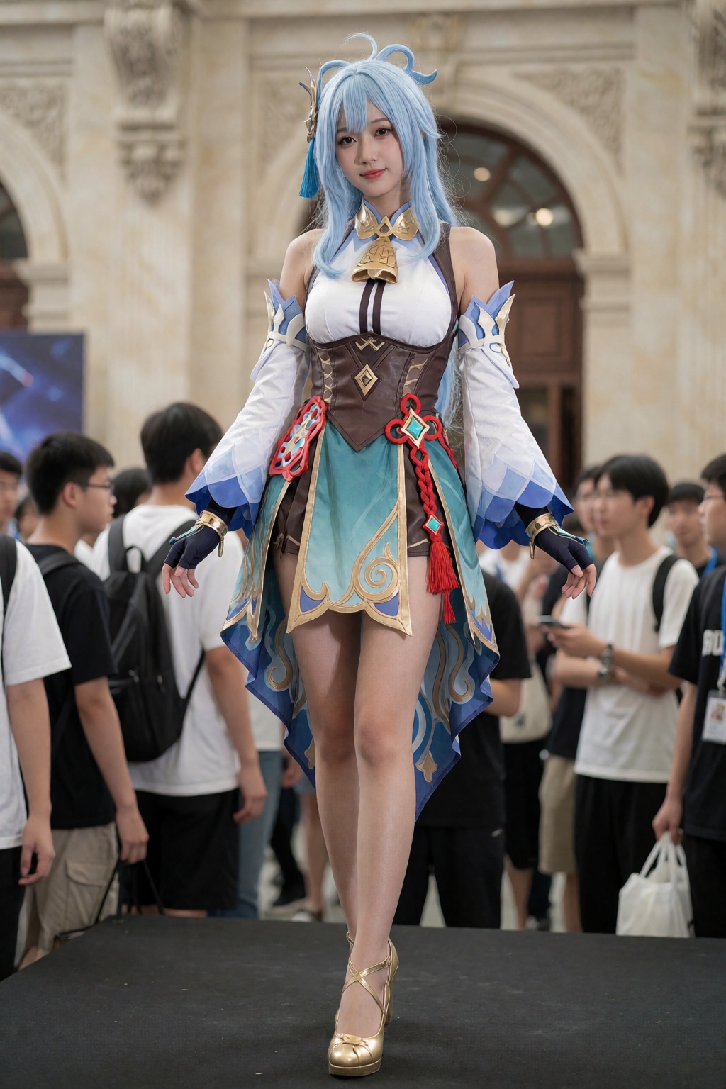 A young Asian woman,  cosplaying as a fantasy character,  stands confidently on a black platform. The woman on Tensor.Art