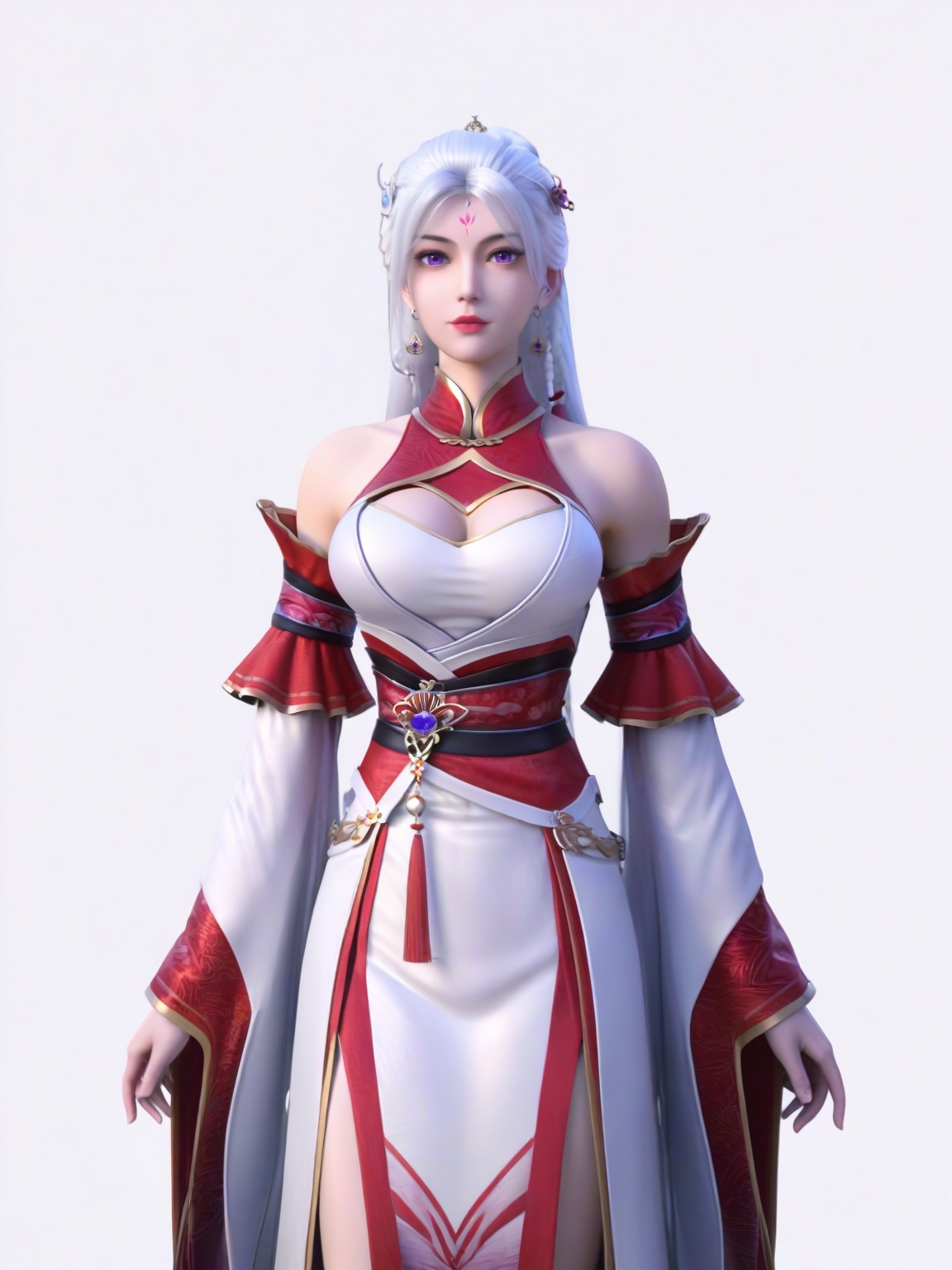 score_9,1girl,solo,dress,long hair,white hair,bare shoulders,braid,detached sleeves,forehead mark,earrings,purple eyes,hair ornament,eyelashes,large breasts,standing,wide sleeves,lipstick,looking at viewer,white background,simple background,cowboy_shot,<lora:SF_ChuLingEr_Pony_Realism2.3-000004:0.7>,