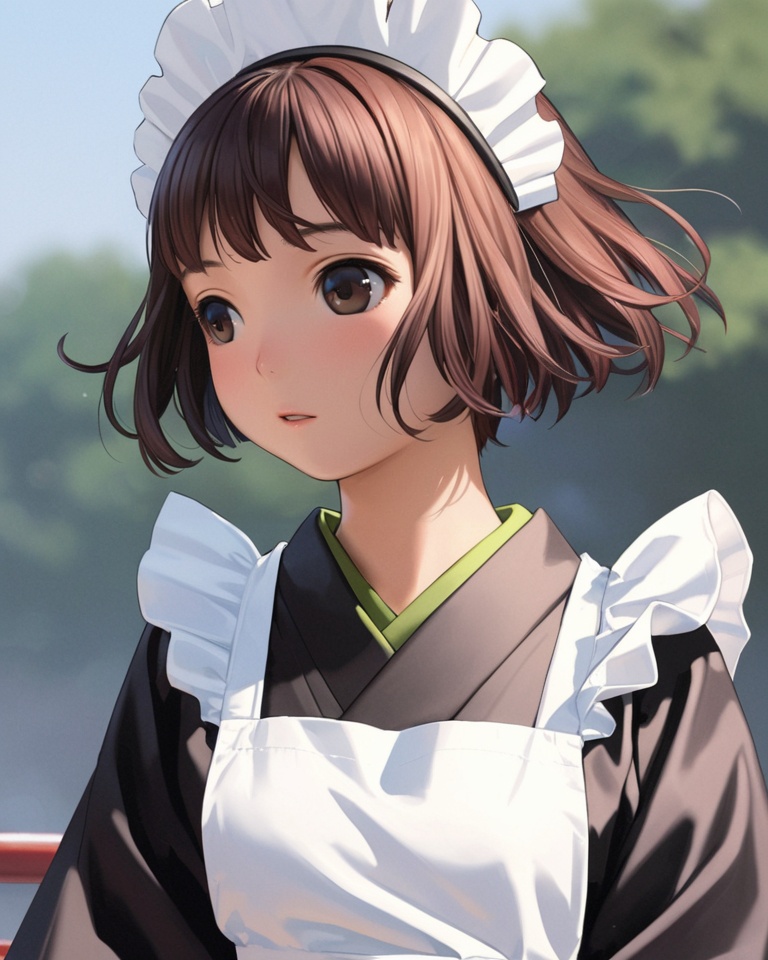 (best quality), ((masterpiece)), (highres), illustration, original, extremely detailed,  <lora:莲实复古动漫XL:0.7>1girl, solo, short hair, maid headdress, apron, japanese clothes, maid, brown hair, maid apron, upper body, parted lips, brown eyes, blurry background, kimono, blurry, wa maid, bangs, white apron, black eyes, looking away, looking to the side, bob cut