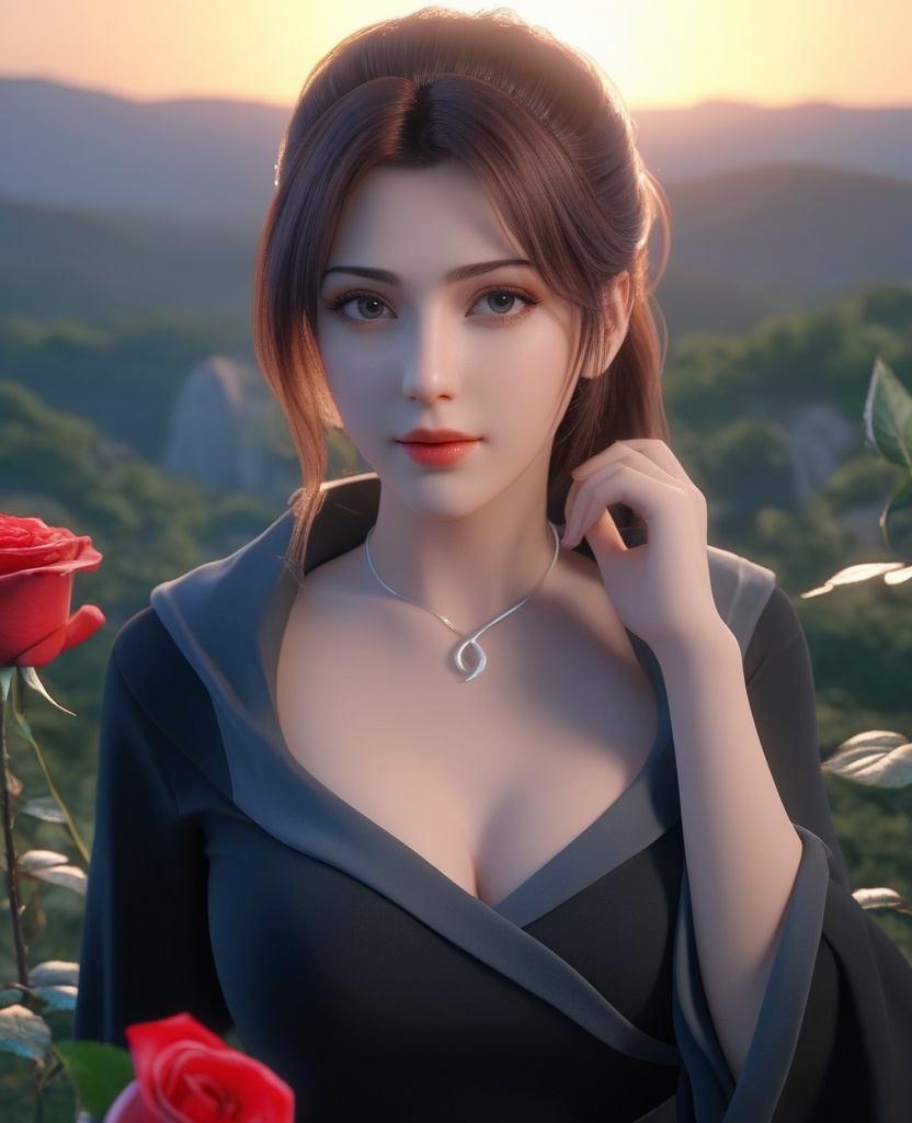 <lora:577-DA-XL-斗破苍穹-云韵-黑服:0.8>(,1girl, ,best quality, ),looking at viewer,masterpiece, (( , )),, realistic,science fiction,mole, ultra realistic 8k cg, sun ,  rose,(cleavage), (),
