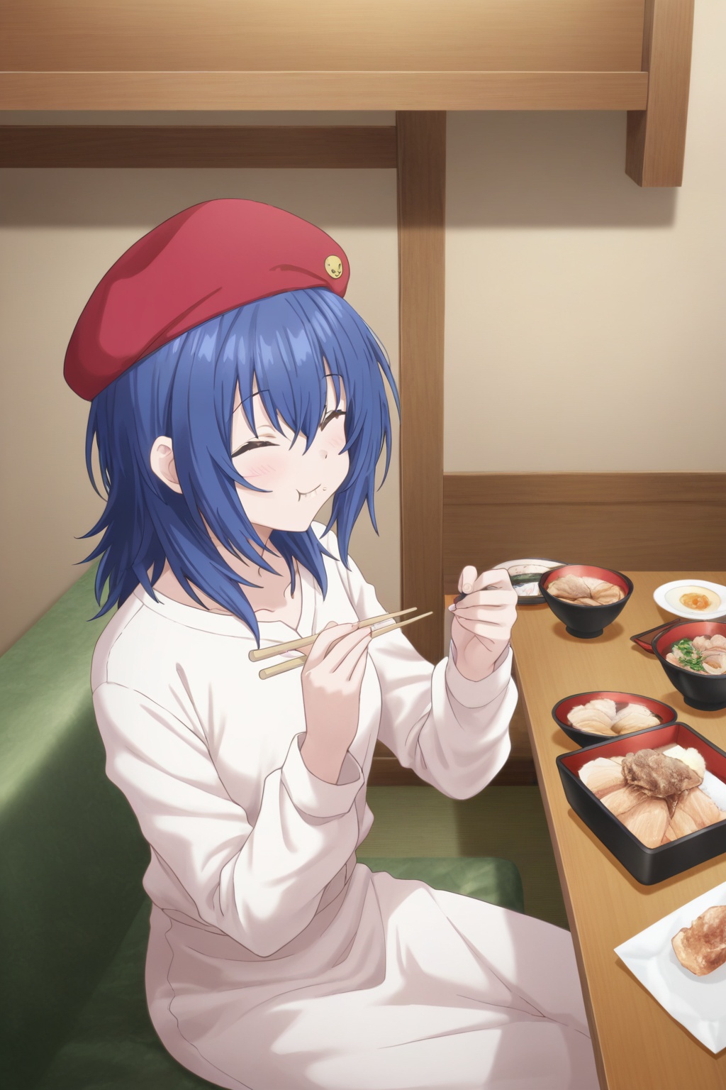 1girl,blue hair,closed eyes,solo,chopsticks,hat,eating,red headwear,holding chopsticks,holding,indoors,beret,sitting,<lora:journey-000004:0.7>,<lora:anon4-000065:0.6>,<lora:AU1-000060:0.2>,<lora:hewu4-000070:0.3>,