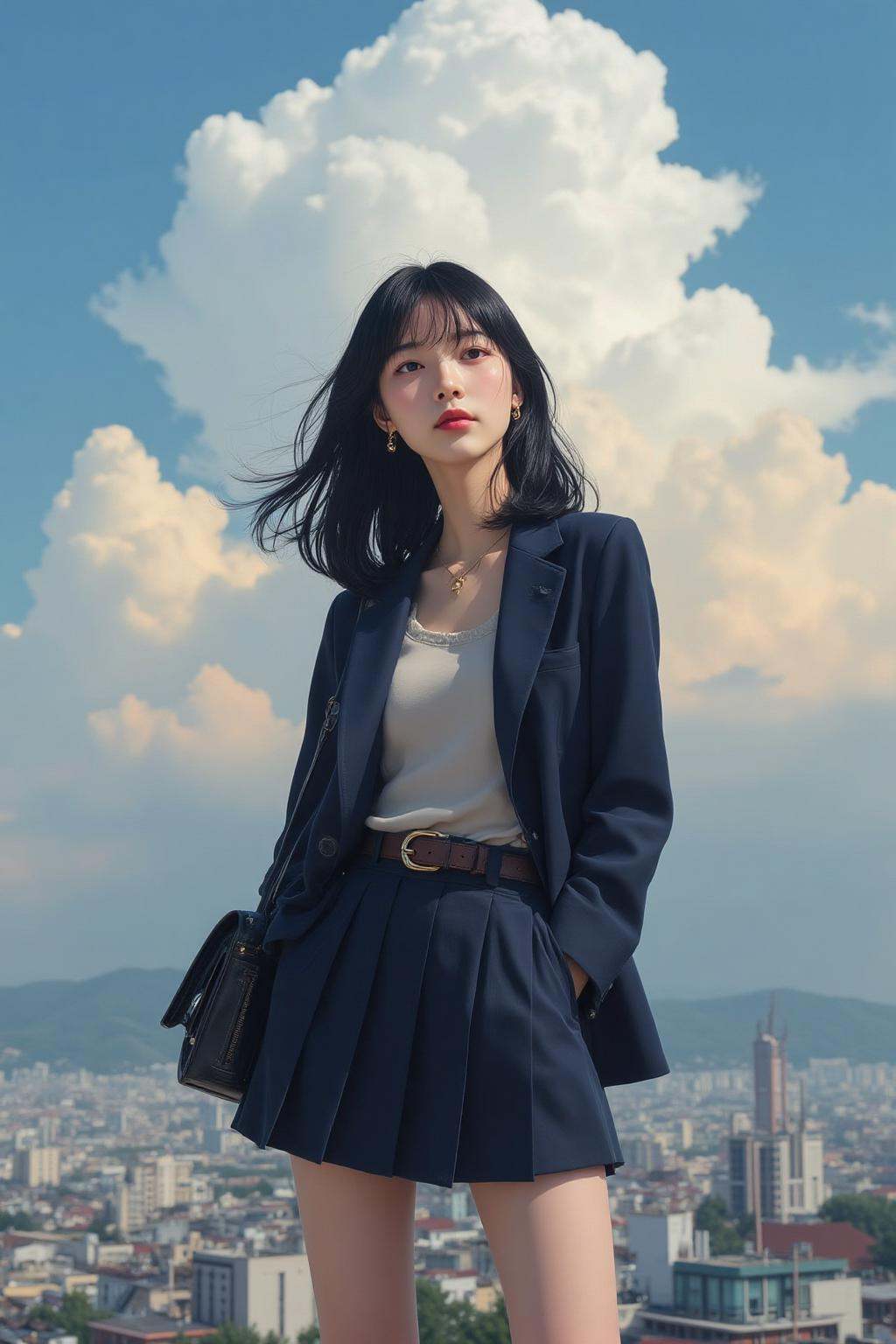 midjourney photograph.A low-angle view of a Korean high school girl with long,  flowing black hair,  standing confidently...