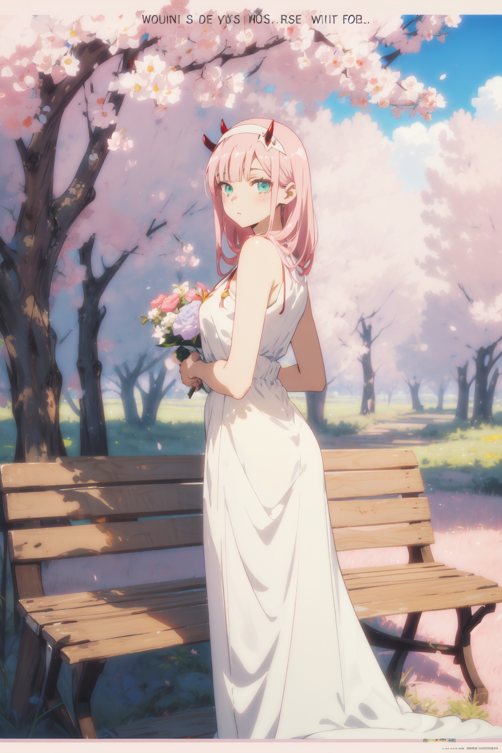 1girl,looking at viewer,solo,anime coloring,long hair,pink hair,straight hair,bangs,white hairband,horns,green eyes,eyeshadow,02_CYQL,<lora:02:0.8:lbw=MIDD>,Ethereal tulle and organza wedding dress,(sad head tilt portrait from_back:1.1),beautiful face,beautiful eyes,glossy skin,shiny skin,Rainbow, Rain, Colors, Sky, Horizon, Beauty, Serenity, Magic,Cherry blossoms, Magnolia trees, Park benches, Joggers, Urban skyline, Afternoon sun,beautiful detailed sky,beautiful detailed glow,(movie poster:1.2),(border:1.3),(English text:1.4),posing in front of a colorful and dynamic background,masterpiece,best quality,beautiful and aesthetic,contrapposto,female focus,fine fabric emphasis,wallpaper,fashion,depth of field,intricate_detail,finely_detailed,fine_fabric_emphasis,glossy,<lora:增强减少细节add_detail:0.4>,