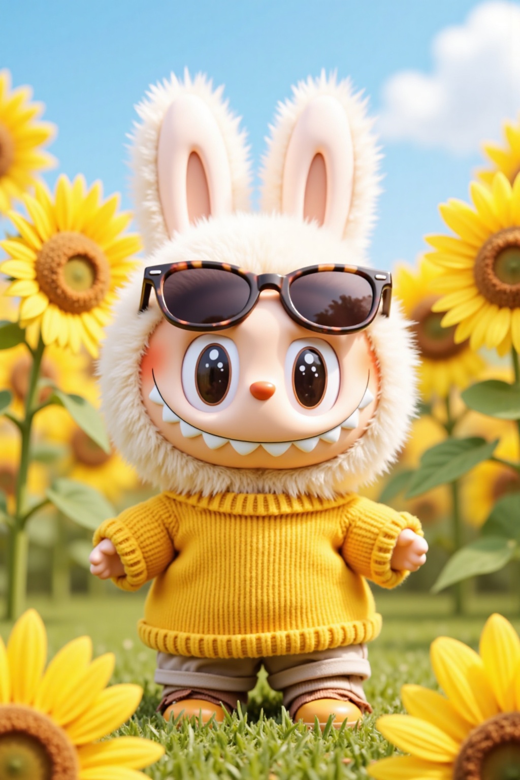 labubu,A CGI image of a cute, plush toy bunny with a yellow sweater and sunglasses, standing in a sunflower field. The bunny has large, expressive eyes and a wide, toothy grin. The background features vibrant yellow sunflowers with green stems and leaves, set against a clear blue sky with a few fluffy clouds. 