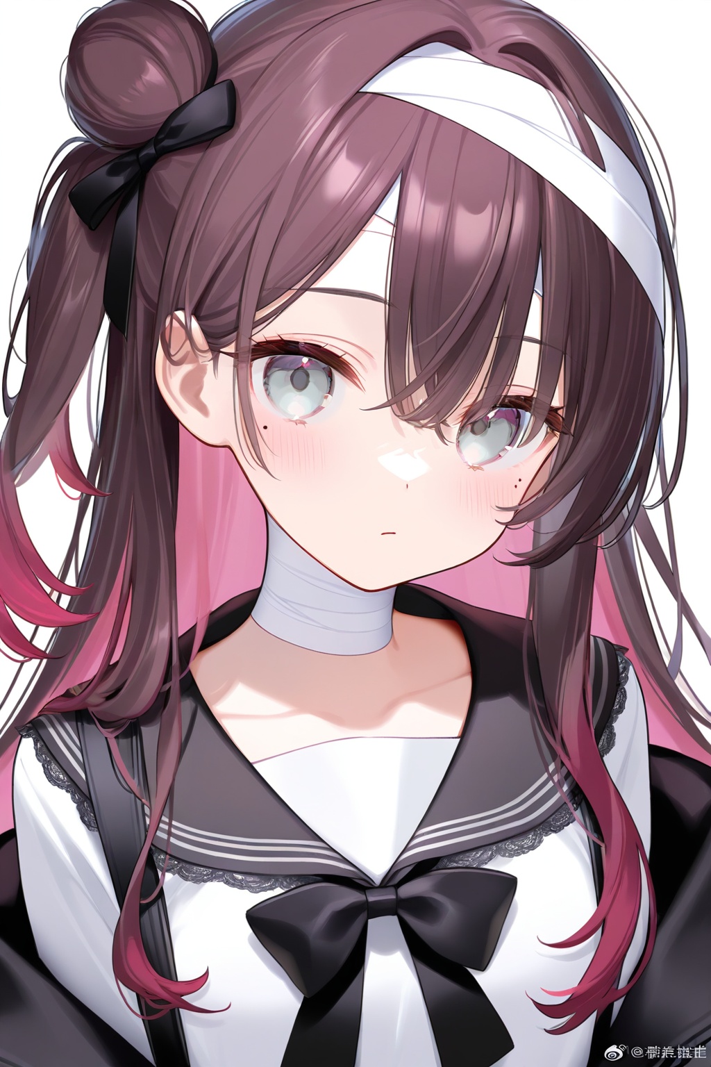 masterpiece,extremely aesthetic,newest,very vibrant colors,best quality,amazing quality,very aesthetic,1girl,solo,white background,simple background,looking at viewer,mole under eye,bandages,shirt,brown hair,upper body,bow,long hair,grey eyes,black bow,hair between eyes,collarbone,bandaged head,hair bun,white shirt,mole,weibo username,closed mouth,