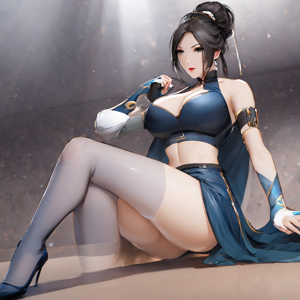 gufengstyle,masterpiece,best quality,ultra-detailed,Epic CG masterpiece,hdr,dtm,full ha,8K,ultra detailed graphic tension,dynamic poses,stunning colors,3D rendering,surrealism,cinematic lighting effects,realism,00 renderer,super realistic,full - body photos,super vista,super wide Angle,HD,(Blue smoke enveloped the body:1.3),Long blue cheongsam,1girl,solo,chun-li,dynamic posture,spike bracelet,fighting stance,(full body:1.5),(long legs:1.4),(Black transparent pantyhose:1.3),(Milky skin:1.6),(shiny skin:1.4),blurry,jewelry,blurry_background,bracelet,double_bun,chinese_clothes,solo,earrings,midriff,depth_of_field,breasts,navel,looking_at_viewer,short_sleeves,medium_breasts,<lora:gufengstyleSDXL-000016:1>