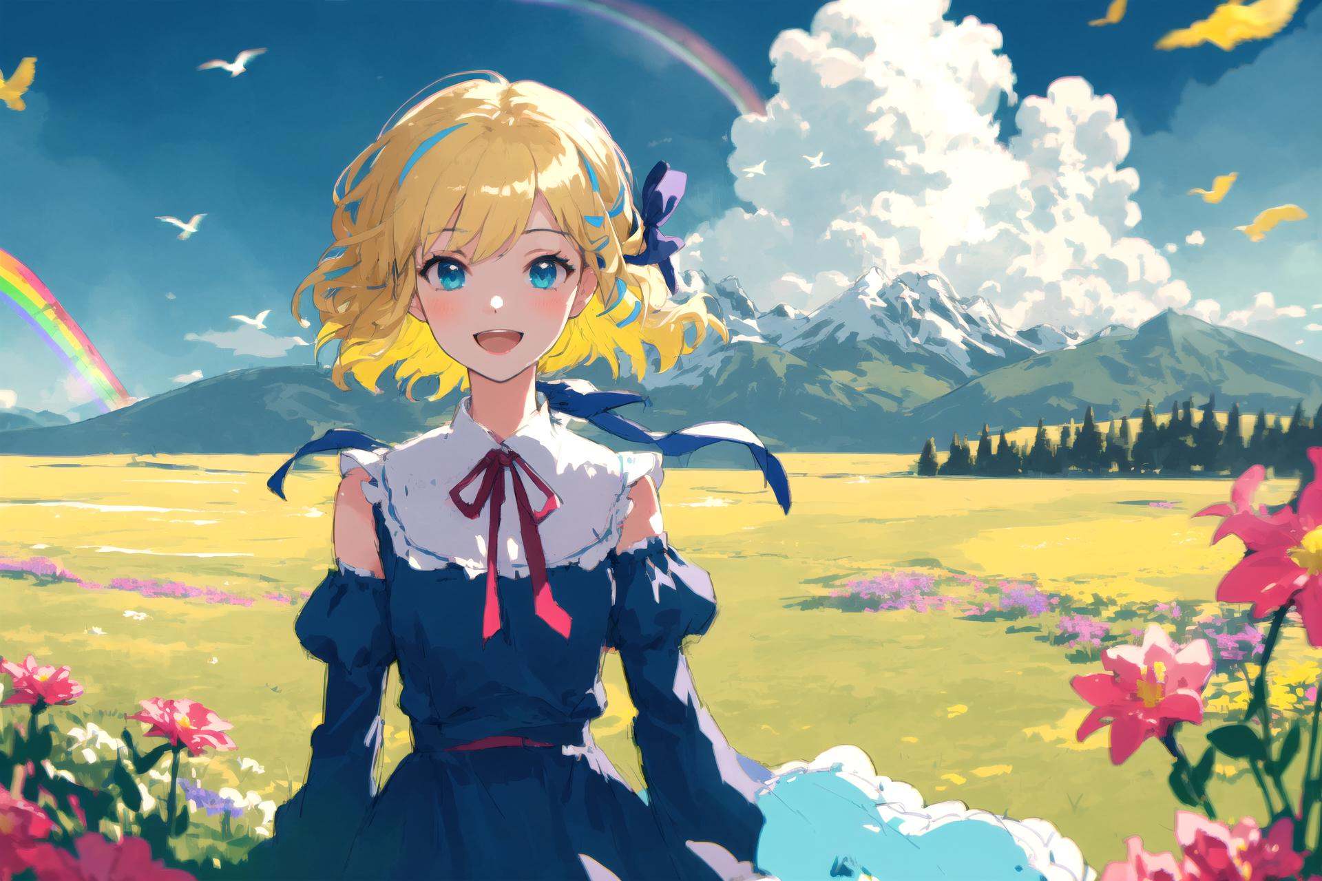 ([sketch|watercolor]:1.2), pastel colors, (chromatic aberration:1.2), intense shadows, cumulonimbus cloud, birds, rainbow, 1girl, blonde hair, short hair, wavy hair, (hair ribbon, blue ribbon:1.2), detached sleeves, blue dress, (portrait:1.2), :d, flowing hair, scenery, mountains, colorful grass fields, (flowers:1.2), floating leaves, (wind:1.2), obelisk,