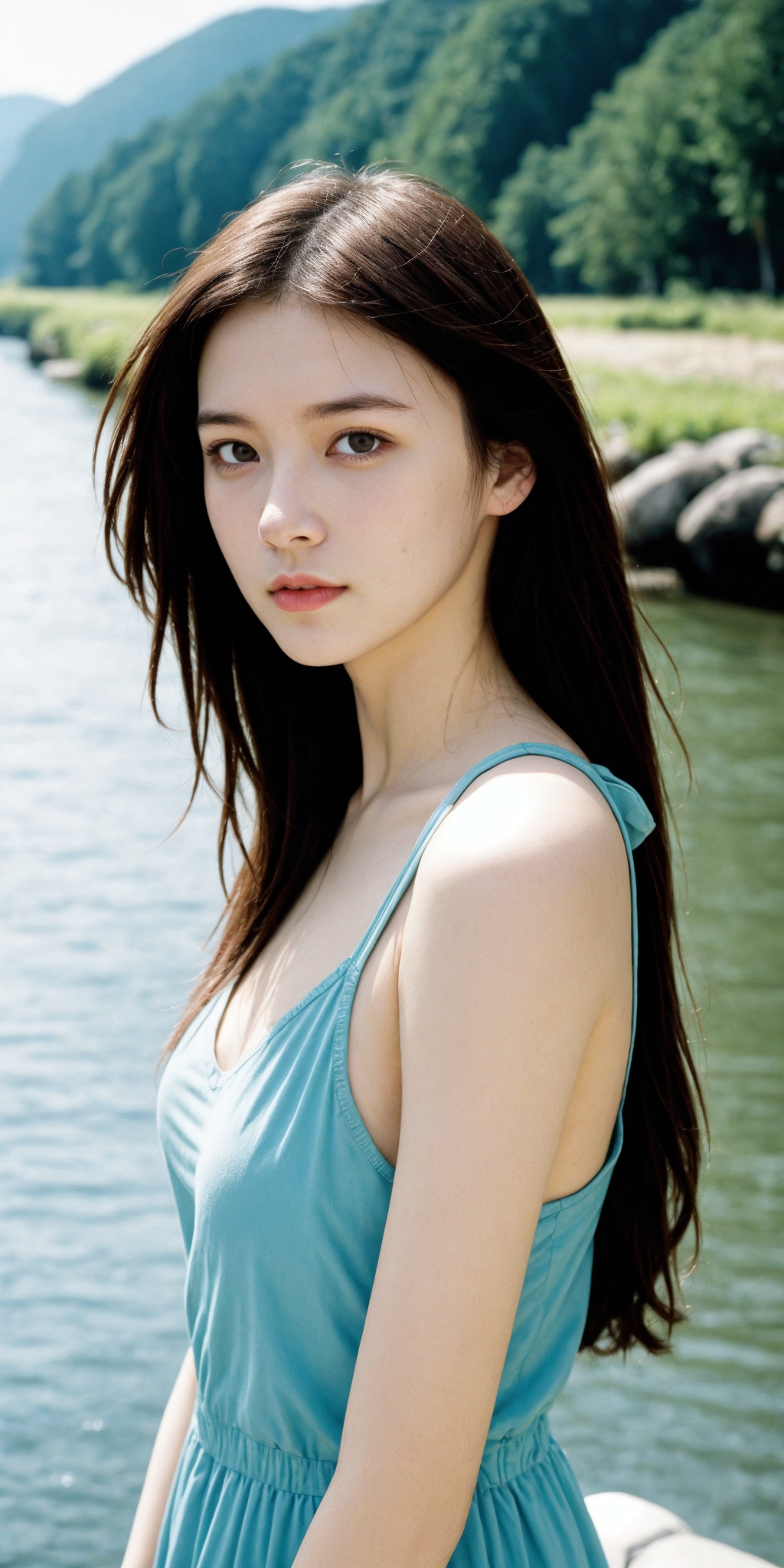girl, upper body, film grain, realistic, photorealistic, river,