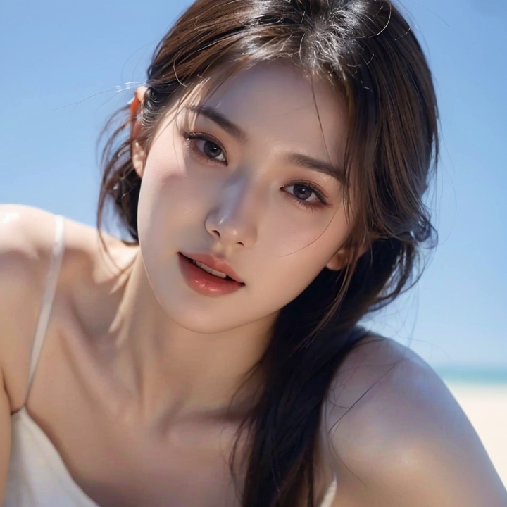 front angle,(8k, best quality, masterpiece:1.2),(realistic, photo-realistic:1.37),ultra-detailed,1girl, solo, looking_at_viewer, realistic, blue_background, teeth, lips, long_hair, upper_body, open_mouth, ****_top, <lora:YG初恋白净小姐姐1:0.7>,