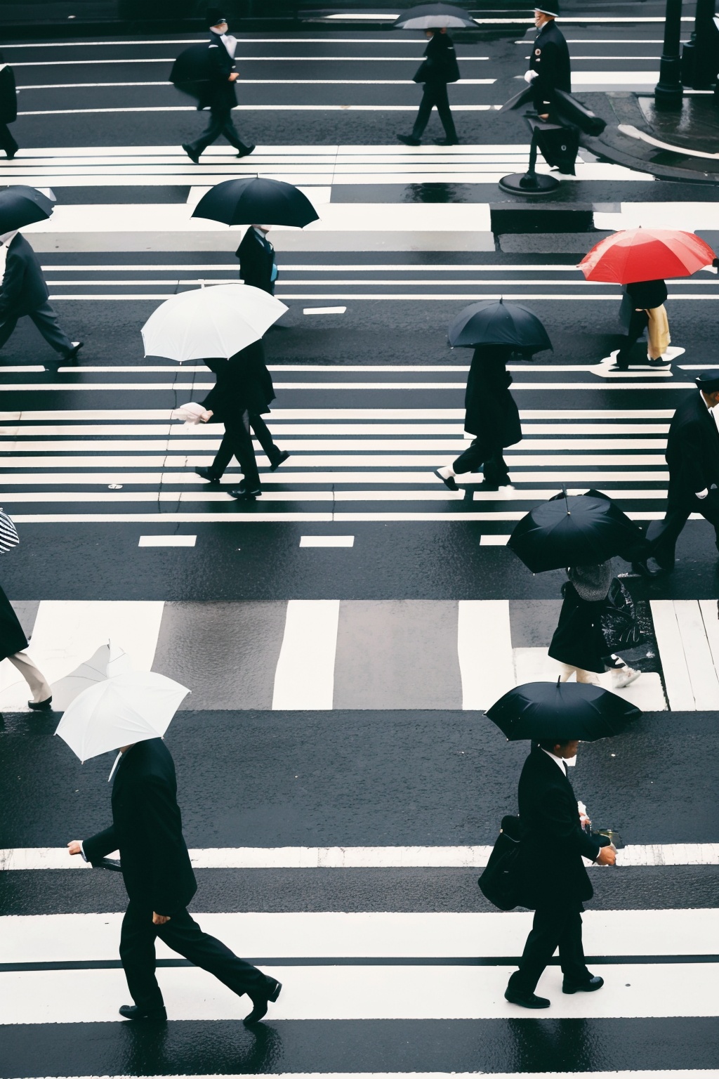 Camera film style, a bustling urban crosswalk with pedestrians crossing and walking. Many of the individuals are carrying umbrellas, suggesting that it might be a rainy or drizzly day. The crosswalk has distinct white and black stripes, and the overall mood is busy with movement and activity, masterpiece,best quality,
