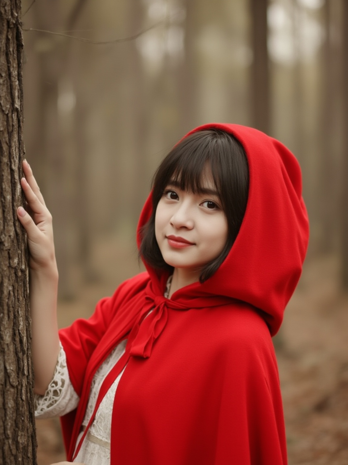 This is a photograph featuring a young woman dressed in a striking red hooded cloak with a white dress. The woman stands in a forest setting, with tall trees and blurred foliage in the background. She is positioned to the right of the frame, facing slightly to her left. Her face is turned towards the camera, with a gentle smile, and her dark hair is styled in a neat bob with bangs. The red cloak, made of a soft, thick fabric, covers her shoulders and head, with the hood draped over her face. She has light skin and a delicate, youthful appearance. Her white dress is simple and elegant, with a lace pattern visible through the fabric. She stands beside a tree trunk, with her right hand resting on the bark. The photograph has a soft, ethereal quality, with a slight sepia tone and a dreamy, almost fairy tale-like atmosphere. The overall composition and lighting emphasize the woman's innocence and connection to nature.