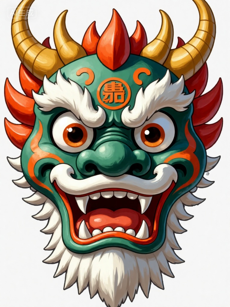 National Air,Chinese-style dragon face mask, Details: The main body is emerald green, with golden horns, white beard, orange pattern decoration on the face, large and expressive eyes, open mouth showing teeth, lively shape, distinctive illustrative style highlighting the exquisite texture of traditional folklore., Negative prompt: ng_deepnegative_v1_75t,(badhandv4:1.2),EasyNegative,(worst quality:2),,nsfw, Steps: 30, Sampler: Euler, CFG scale: 7.0, Seed: 3901842227, Size: 768x1024, Model hash: 8cba4f1ef4, Model: F.1基础算法模型-哩布在线可运行_F.1-dev-fp8.safetensors, Denoising strength: 0, RNG: CPU, Lora 1: 当然是无法, Lora Hash 1: 258d77cd02, Lora Weight 1: 0.8, vae_name: automatic