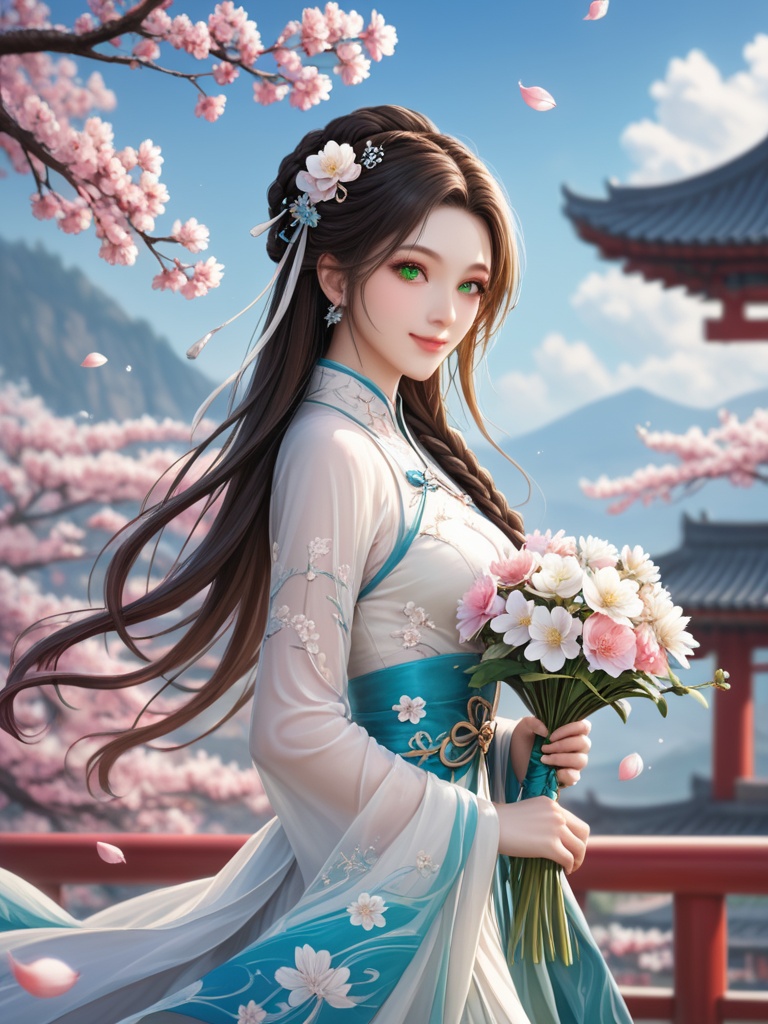 1girl,fox girs,black_hair,blue_sky,blurry,blurry_background,branch,cherry_blossoms,chinese_clothes,day,depth_of_field,flower,hanami,hanfu,lips,long_hair,full body,hanfu,flower,green eyes,,blonde hair,braid,dress,white dress,ahoge,hair intakes,ribbon,closed mouth,white flower,realistic,lips,french braid,from side,sidelocks,white bow,hair bow,bow,white riblue flower,bouquet,braid,breasts,camellia,daisy,dandelion,floral background,flower,flower \(symbol\),flower bracelet,flower,outdoors,petals,pink_flower,pink_theme,plum_blossoms,realistic,smile,solo,spring_\(season\),standing,tree,wide_sleeves,, masterpiece, best quality,